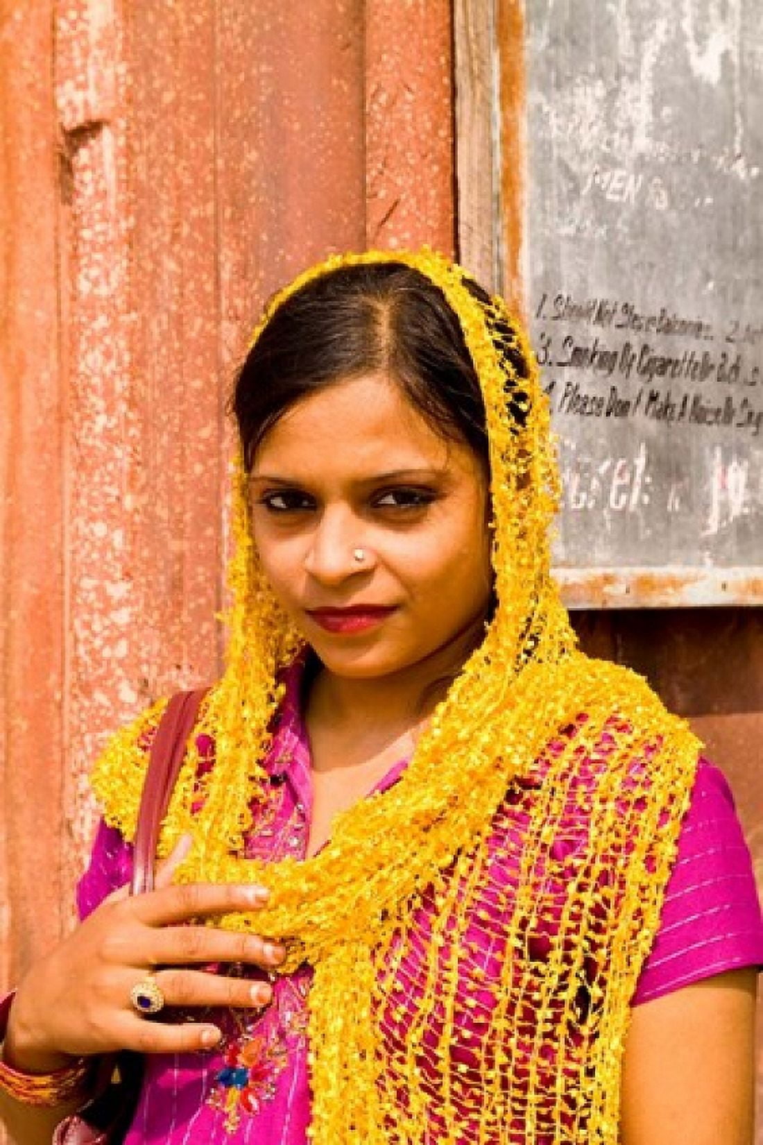 Woman in Colorful Sari in Old Delhi India Canvas Art - Bill Bachmann DanitaDelimont (25 x 37)