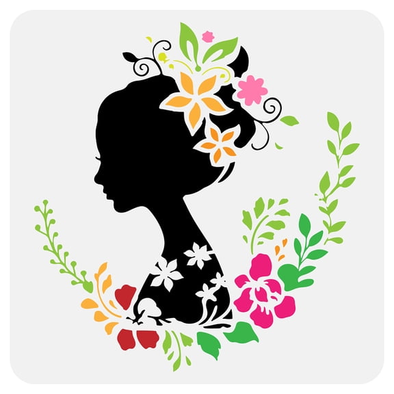 Woman in Flower Stencil 11.8x11.8" Woman Profile Silhouette Painting Stencils Flowery Face Drawing Large Stencils Reusable Floral Girl TemplatesDIY