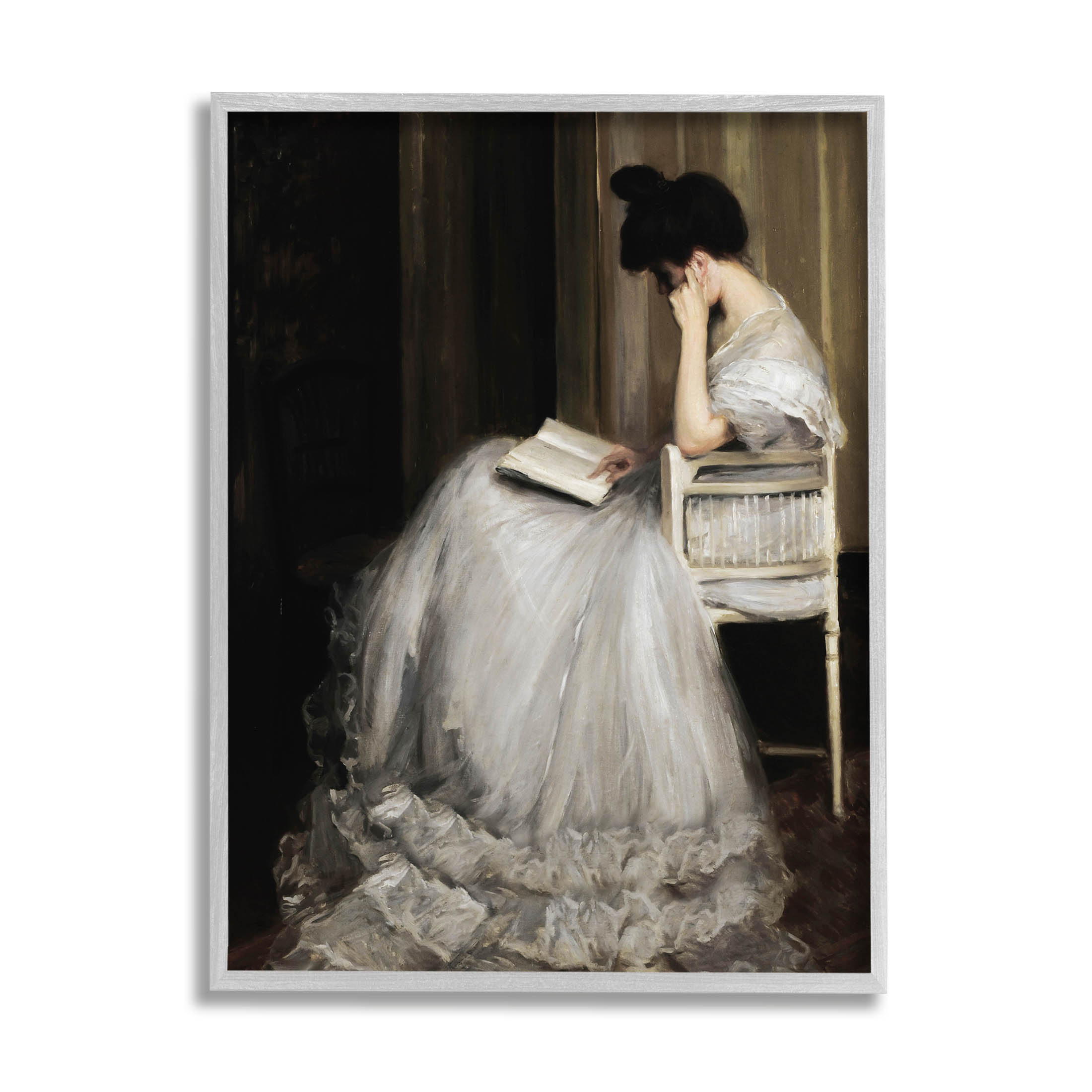 Woman in Gown Reading Portrait Typography Painting Gray Framed Art Print Wall Art