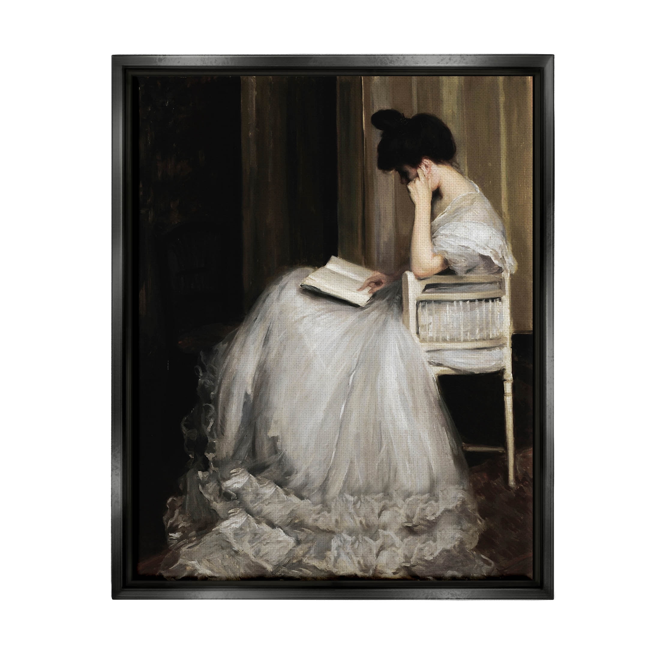 Woman in Gown Reading Portrait Typography Painting Jet Black Framed Art Print Wall Art
