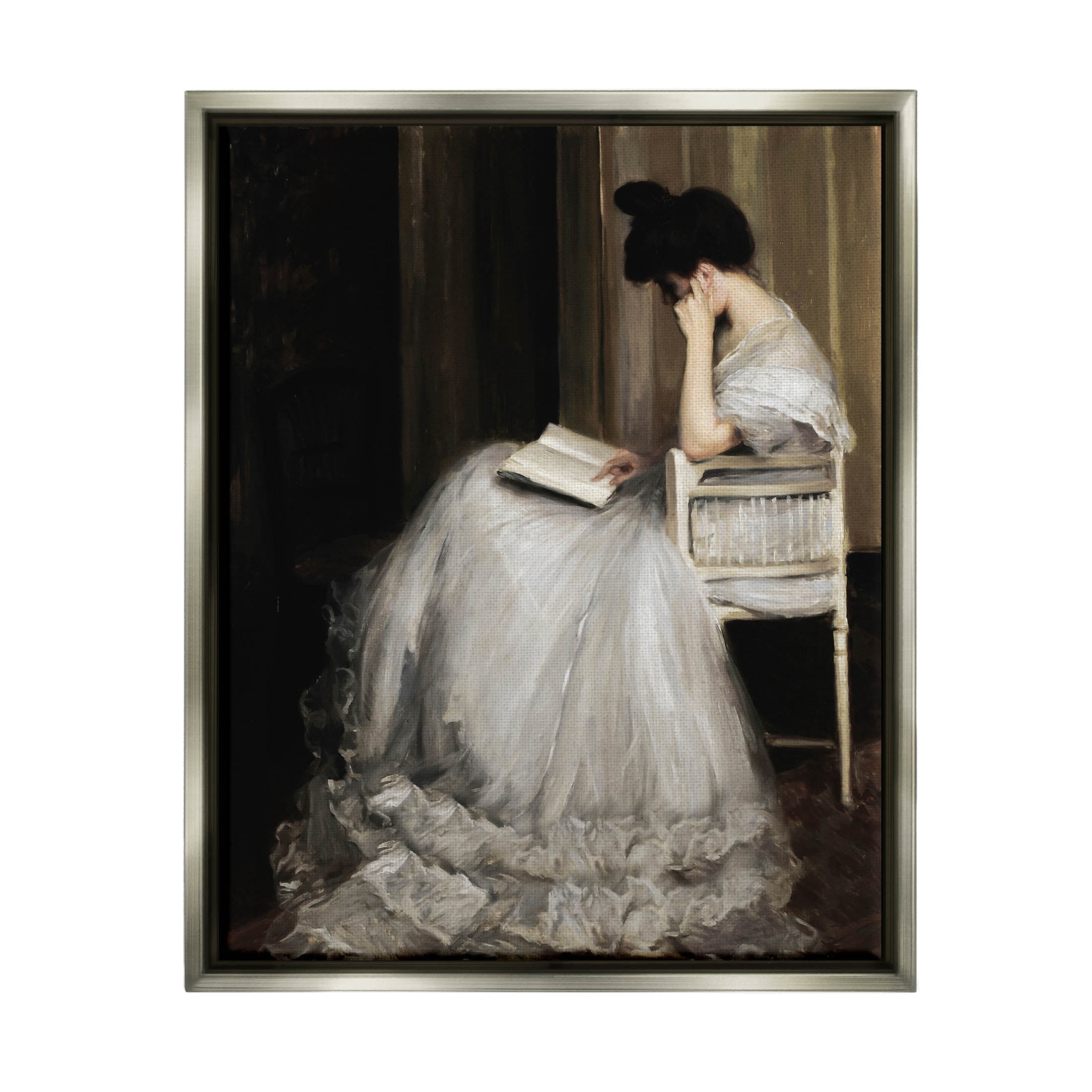 Woman in Gown Reading Portrait Typography Painting Luster Gray Framed Art Print Wall Art
