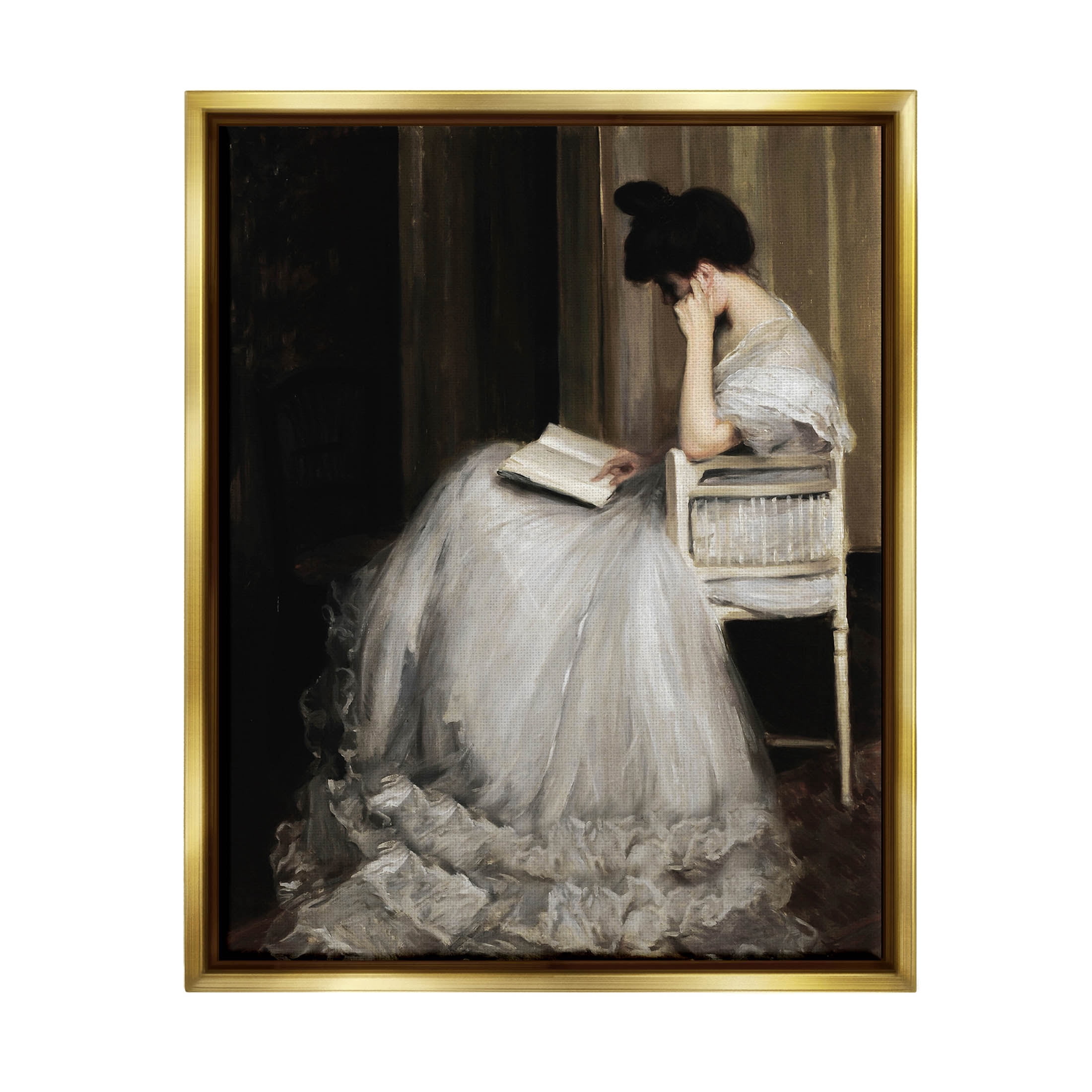 Woman in Gown Reading Portrait Typography Painting Metallic Gold Framed Art Print Wall Art