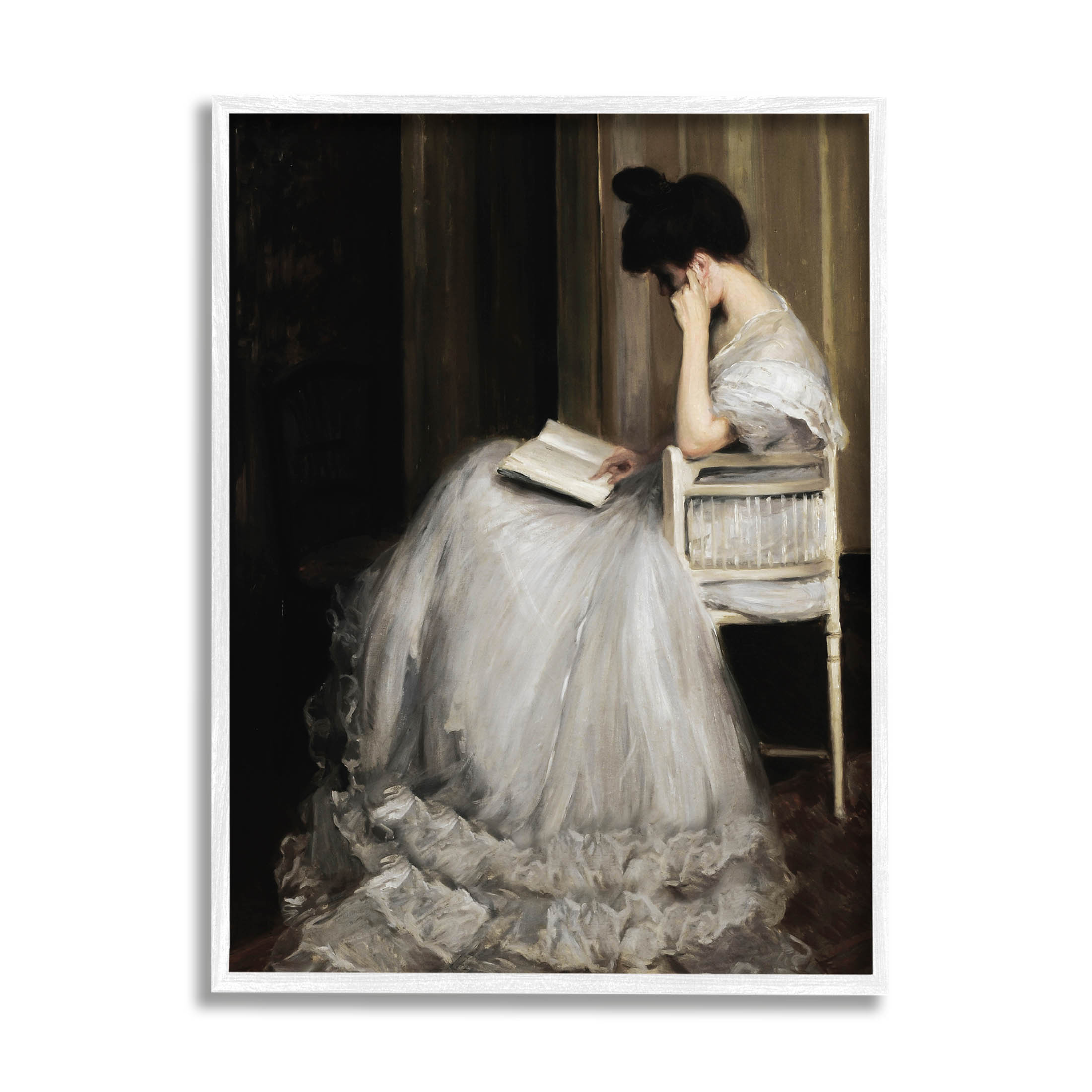 Woman in Gown Reading Portrait Typography Painting White Framed Art Print Wall Art