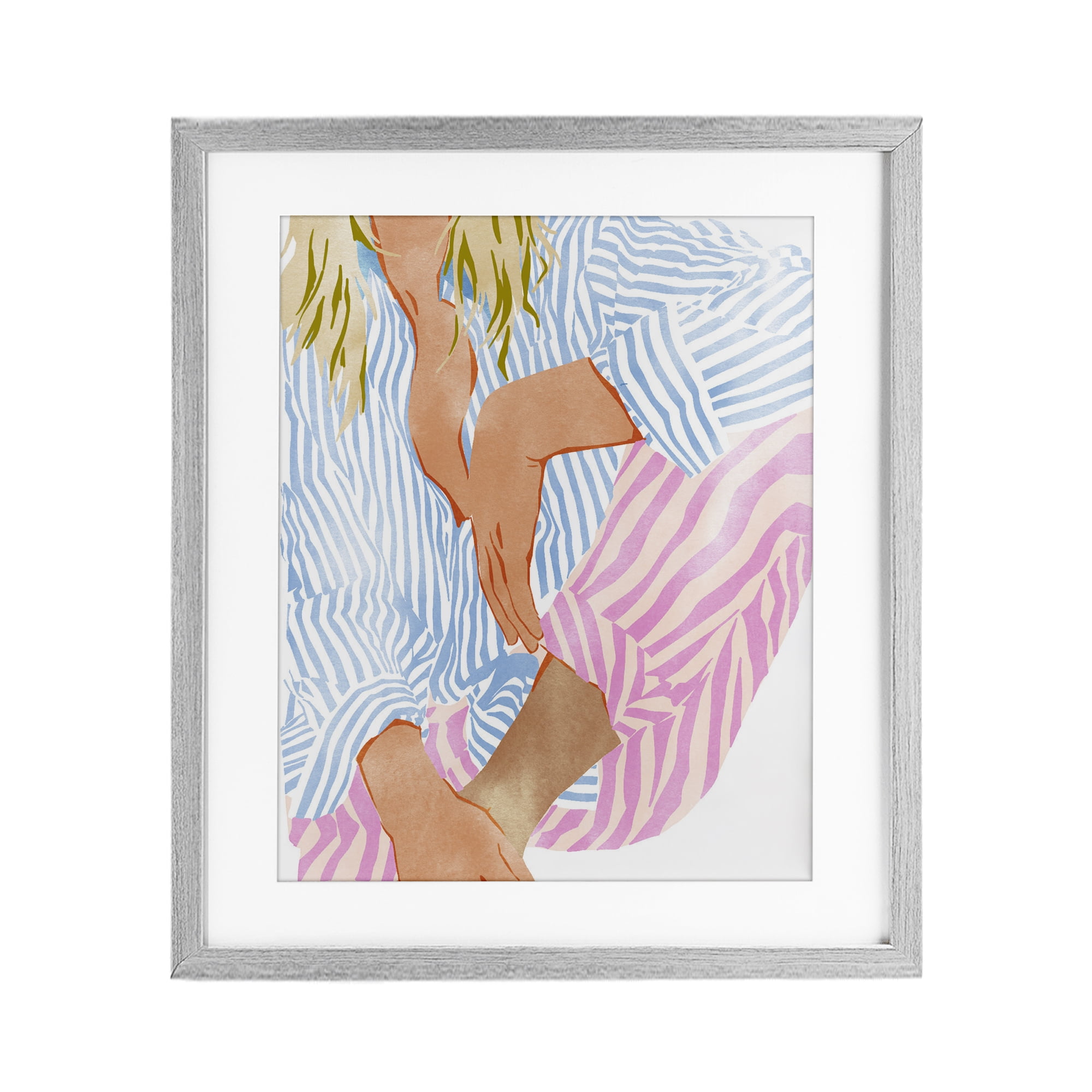 Woman in Pastel Stripes Gray Framed Print Under Glass, design by Ziwei Li
