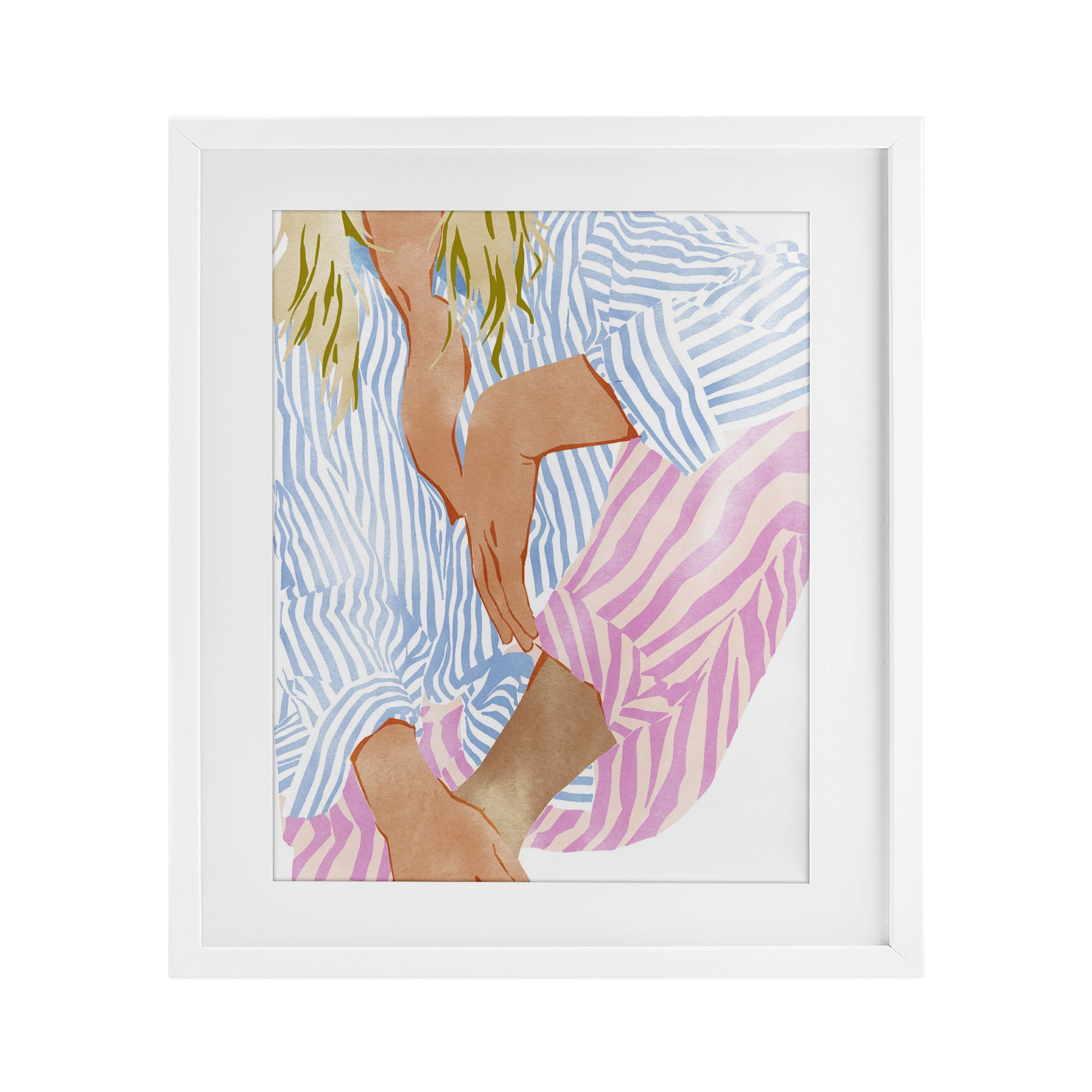 Woman in Pastel Stripes White Framed Print Under Glass, design by Ziwei Li