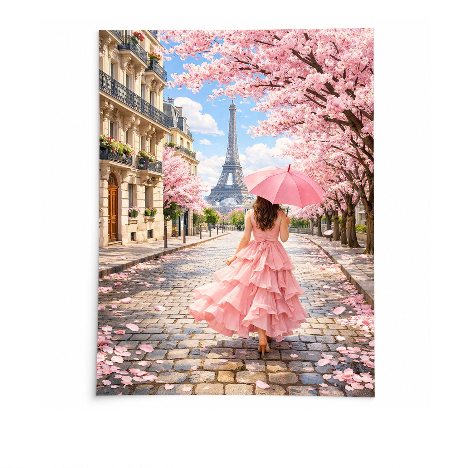 Woman in Pink Dress with Umbrella by Eiffel Tower Canvas Print ...