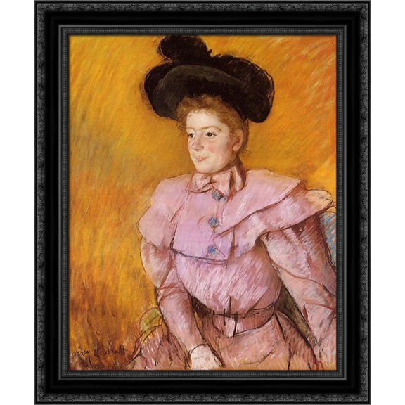 Woman in a Black Hat and a Raspberry Pink Costume 20x23 Black Ornate Wood Framed Canvas Art by Cassatt, Mary,