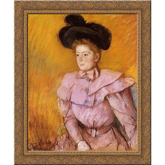 Woman in a Black Hat and a Raspberry Pink Costume 20x23 Gold Ornate Wood Framed Canvas Art by Cassatt, Mary,