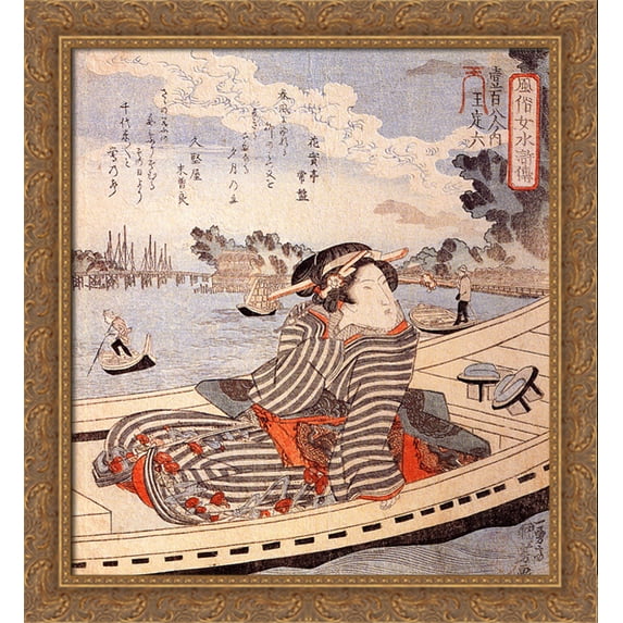 Woman in a boat on the Sumida river 28x32 Large Gold Ornate Wood Framed Canvas Art by Utagawa Kuniyoshi