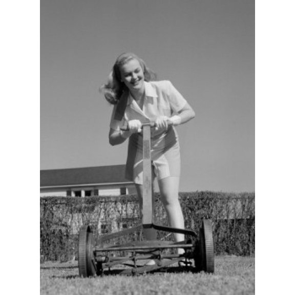 Woman mowing lawn Canvas Art - (24 x 36)
