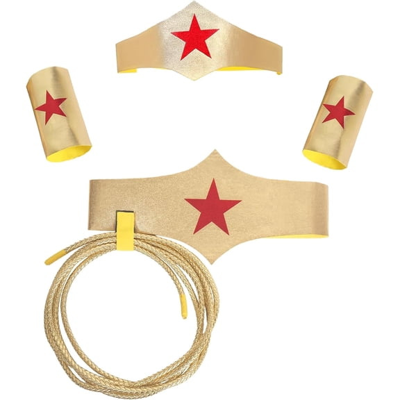 Gold Warrior Costume Accessories Set for Women, Tiara Belt Wrist Cuffs and Lasso for Halloween Cosplay