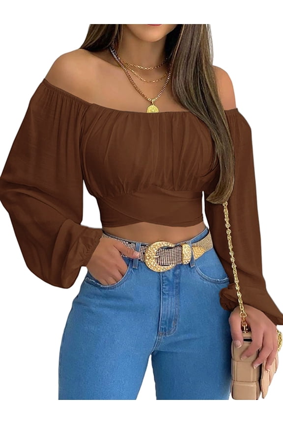 Woman off Shoulder Ruched Tie Back Crop Top Summer Lantern Sleeve Boho Shirt Blouse Dark Brown XL