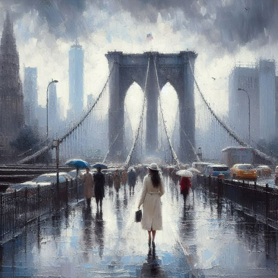 Woman on Bridge in New York Oil Painting - 12" x 18" Art Print Wall Decor