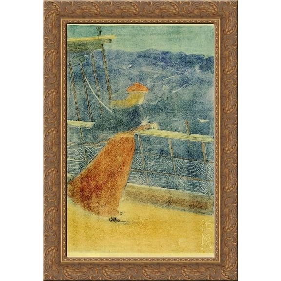 Woman on Ship Deck, Looking out to Sea (also known as Girl at Ship s Rail) 19x24 Gold Ornate Wood Framed Canvas Art by Prendergast, Maurice