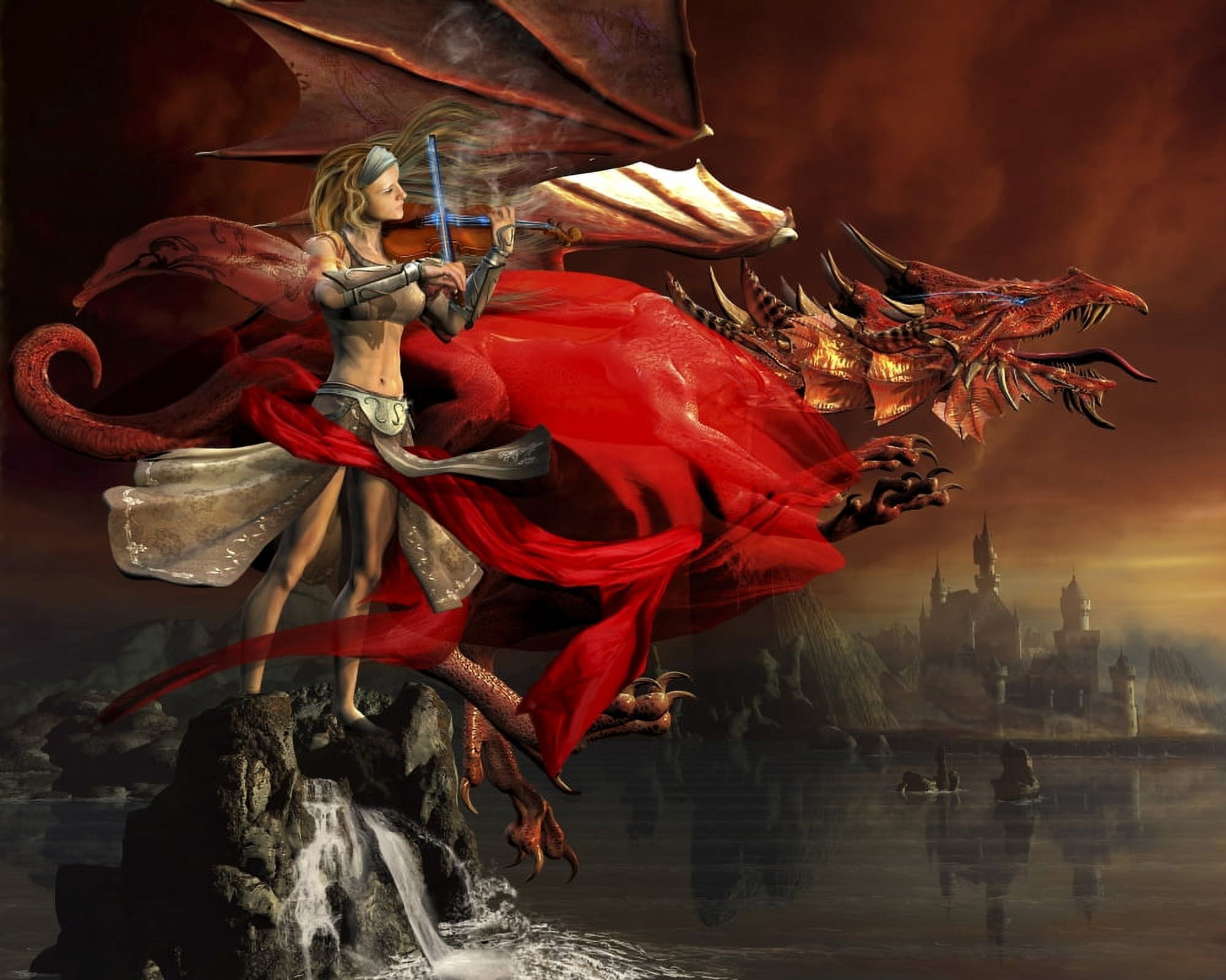 Woman playing a magical violin to call out a red dragon Canvas Art - Kurt MillerStocktrek Images (16 x 13)