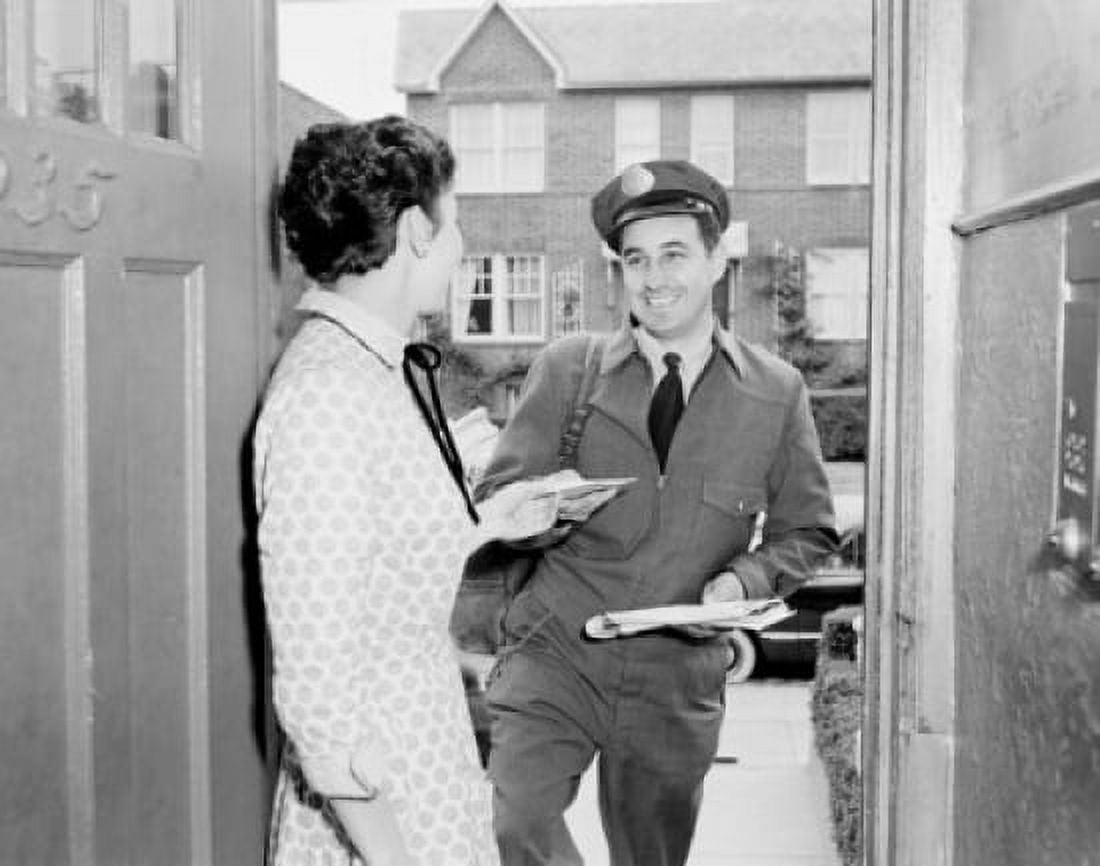 Woman receiving letter from postman Canvas Art - (24 x 36)
