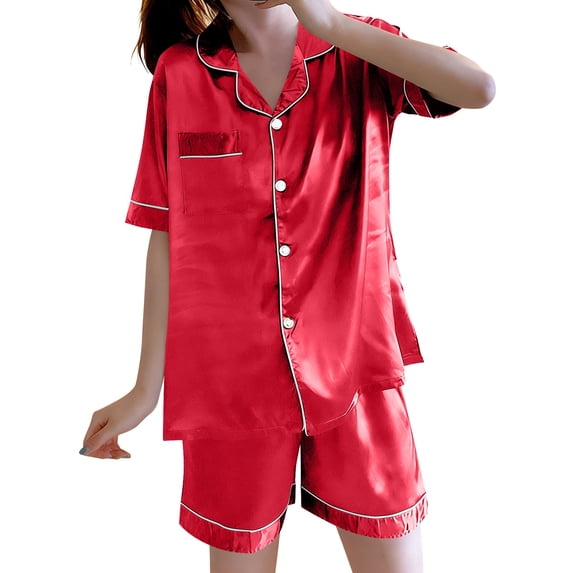 Woman's 2 Piece Silk Satin Pajamas for Women Set Silky Short Sleeve and Shorts Pajama Sleepwear Pjs with Pocket Wine