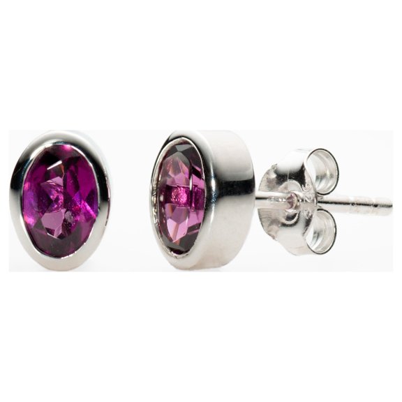 Woman's .925 Sterling Silver Bezel Set 4*6 mm Oval, 1.00 Cttw of Genuine Created Rhodolite Garnet Classic Stud Earrings - Birthstone Jewelry
