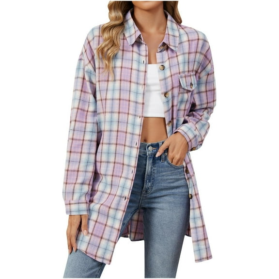 Woman's Button Down Plaid Shirt Long Sleeve Collared Regular-Fit Work Flannel Blouses Lightweight Business Casual Autumn Tops