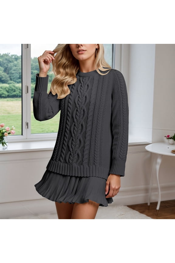 Woman's Cable Knit Sweater Dress Long Sleeve Crewneck Patchwork Mini Dresses (A-Black L)