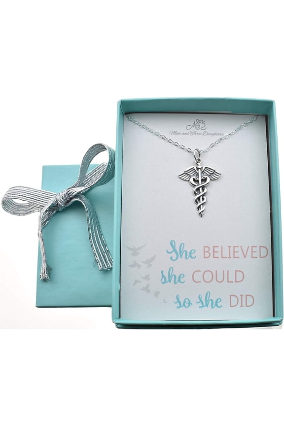 Woman's Caduceus Charm Pendant In Sterling Silver On An 18" Sterling Silver Cable Chain, Gift For Doctor, Gift For Nurse, Medical Field