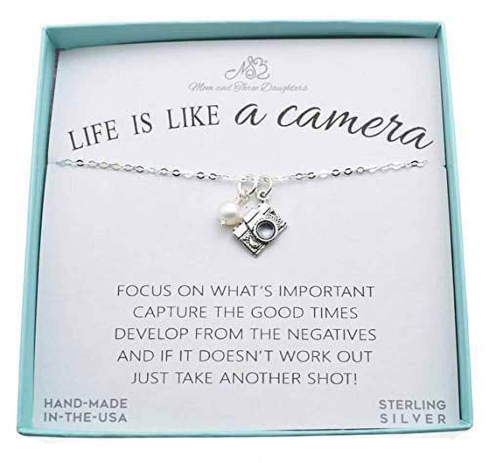 MOM AND THREE DAUGHTERS Woman's Camera Charm Necklace in Sterling Silver Accented With a Pearl & Suspended on an 18 inch Sterling Cable Chain, Gift for Photographer