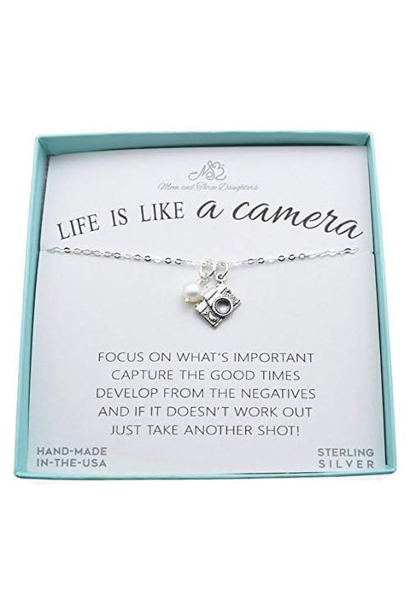 Woman's Camera Charm Necklace in Sterling Silver Accented With a Pearl & Suspended on an 18 inch Sterling Cable Chain, Gift for Photographer