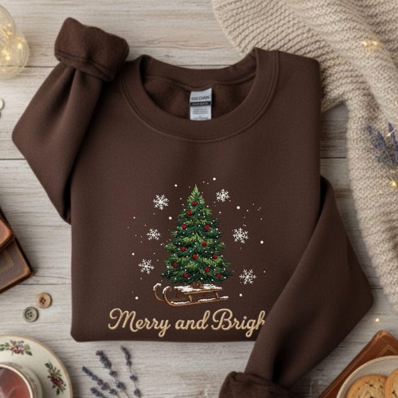 Woman's Christmas Embroidered Sweatshirt Merry & Bright Sweatshirt Holiday Gift Christmas Tree Sleigh Crewneck Winter Embroidered Tee