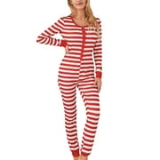 MILDSOWN Woman's Christmas Stripe One-piece Pajamas, Long Sleeve Slim Elastic Jumpsuit Holiday Romper Loungewear Cute Sleepwear