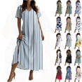 thumbnail image 1 of Woman's Dress Ndbuld Women's Loose Short Sleeved Round Neck Fashion Bohemian Flared Split Floor-Length Maxi Dress Light Blue S, 1 of 7