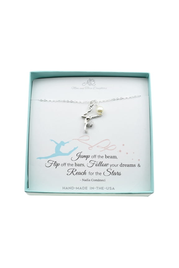 Woman's Gymnast Charm Necklace with a Crystal Pearl in Sterling Silver. Gymnast Gift. Gymnastics Necklace.