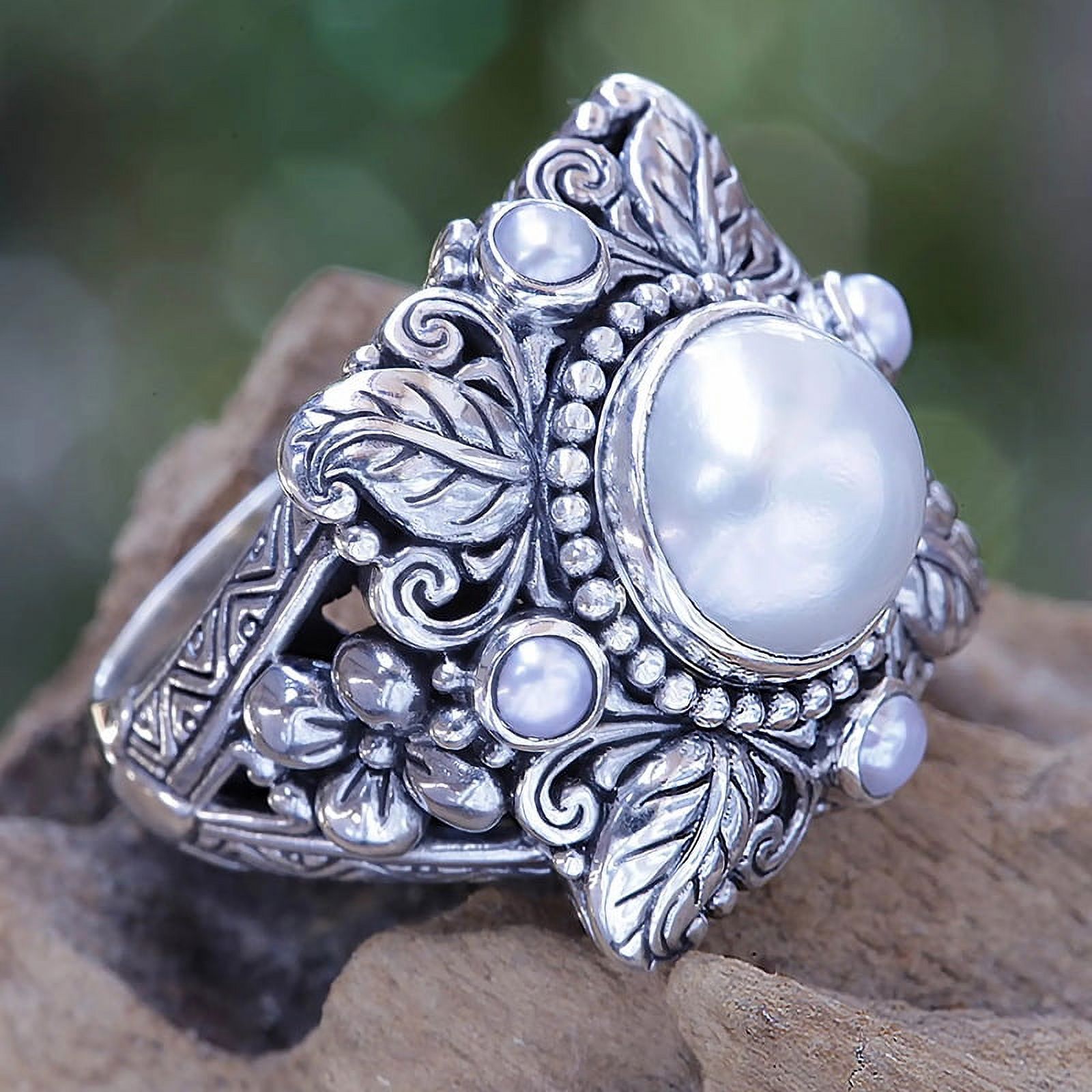 Woman s Huge Shiny 925 Sterling Silver Statement Round Pearl Ring Simulation Freshwater Pearl Floral Leaves Vintage Antique Look Statement Promise
