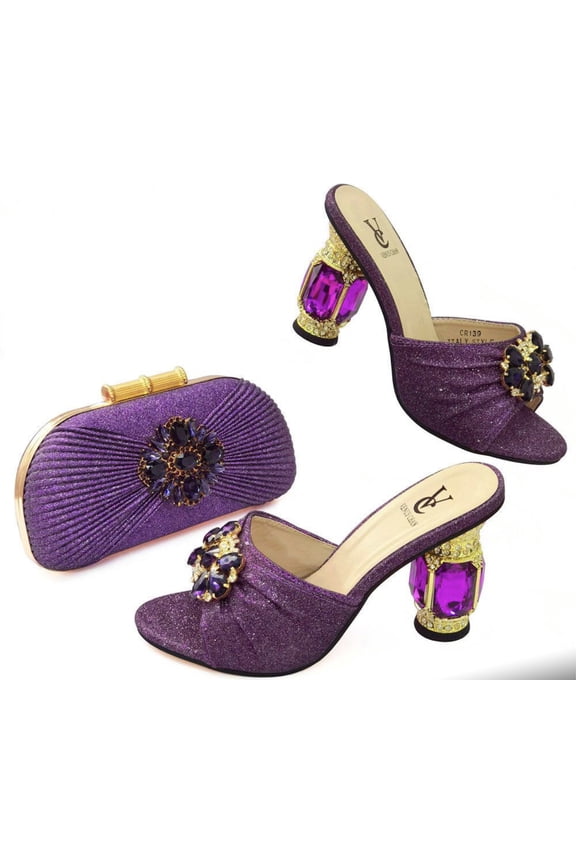 Womans Italian Shoes and Bags Set  Rhinestone Pump Set for Nigerian Wedding Party Purple - Size 43