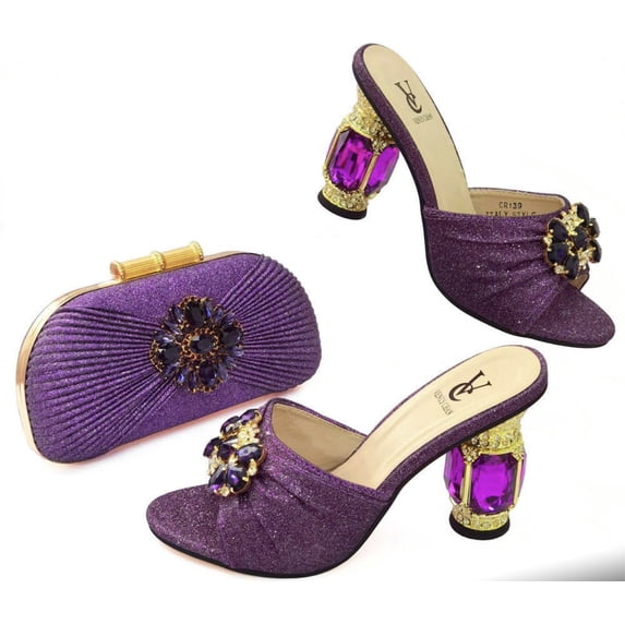 Woman’s Italian Shoes and Bags Set – Rhinestone Pump Set for Nigerian Wedding Party Purple - Size 43