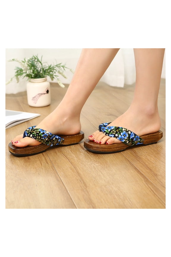 Woman's Japanese Traditional Clogs Geta Sandals,Wooden Slippers Sandals Summer Beach Footwear,Flip Flops Shoes Anti-Skid Floral Mules Slippers Wooden Geta