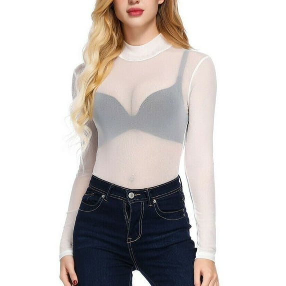 Woman's Mesh Perspective Base Tops, Turtleneck Long Sleeve T-shirt