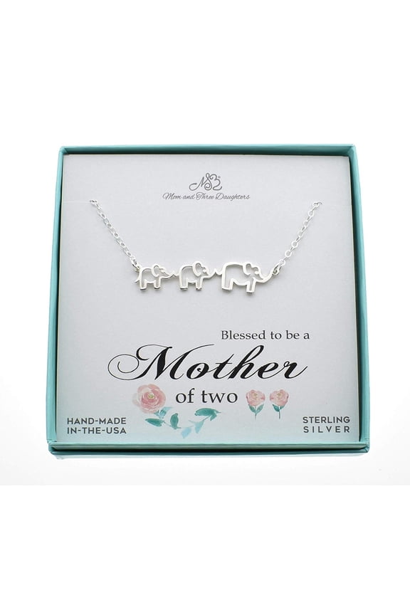 Woman's Mom and Two Small Elephants Charm Pendant in Sterling Silver on an 18 inch Sterling Silver Cable Chain. Mother of Two. Mom of 2
