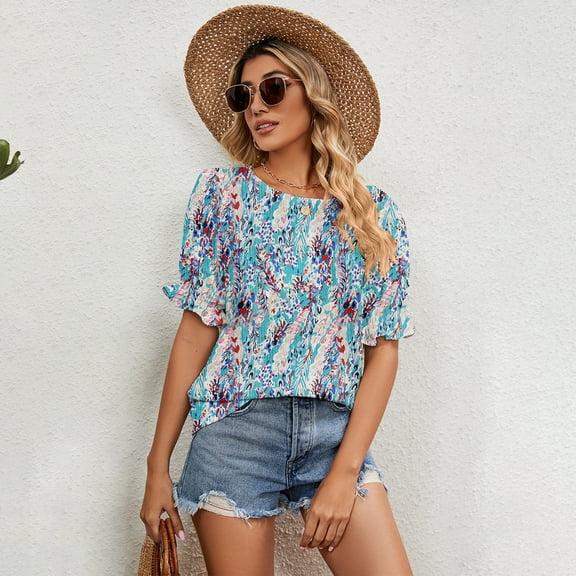 Woman's Petal Sleeve O Neck Chiffon Floral Ladies Top