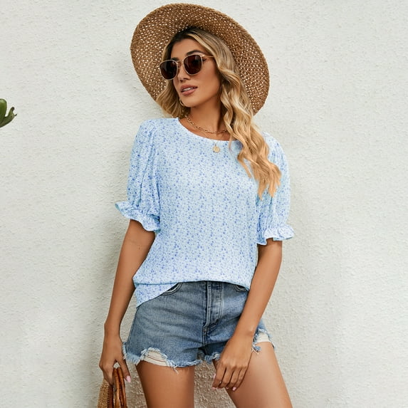 Woman's Petal Sleeve O Neck Chiffon Floral Ladies Top