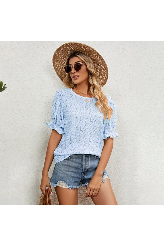 Woman's Petal Sleeve O Neck Chiffon Floral Ladies Top