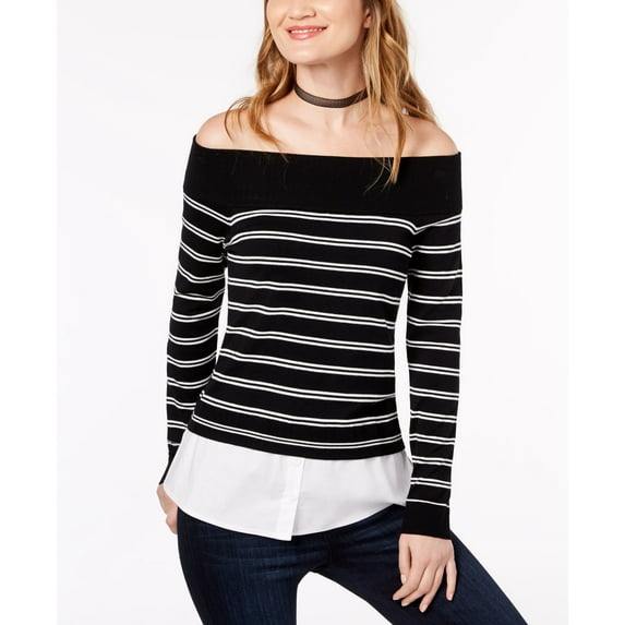 Woman's Petite Layered-Look Off-The-Shoulder Sweater (Deep Black, PS)
