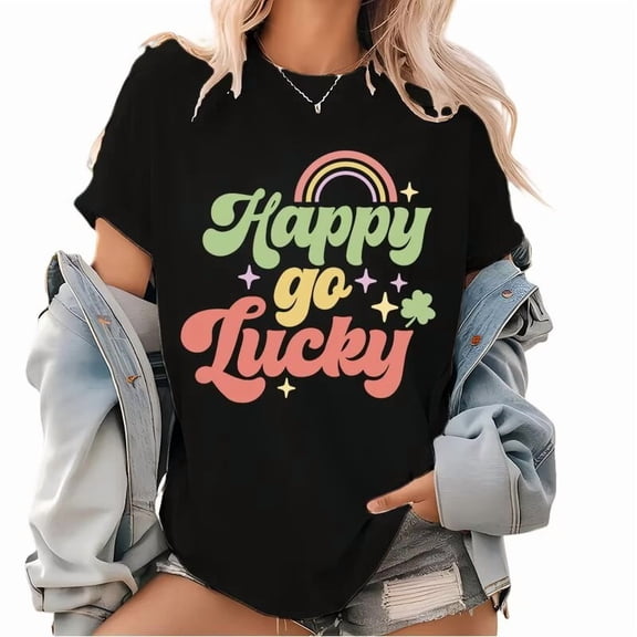Woman's Print T-shirt Graphic Tees Shirts St. Patrick’s Day Lucky Happy Go Lucky Clover Black S-5XL Festive Tops