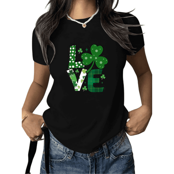 Woman's Print Tshirt Graphic Tees St. Patrick’s Day Multi-Texture Love Clover Shirts Black S-5XL Festive Tops