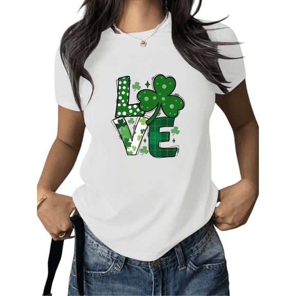 Woman's Print Tshirt Graphic Tees St. Patrick’s Day Multi-Texture Love Clover Shirts Black S-5XL Festive Tops