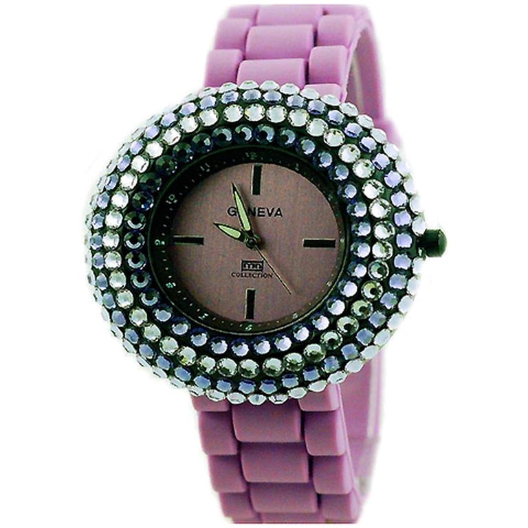 FABULOUS PURPLE Watch w/Rhinestone Bezel Large Face Silicone Band Ladies Geneva Purple and Rose Gold-tone Rhinestone Silicone  main image 2