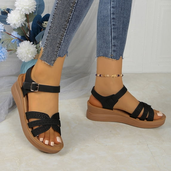 Woman's Sandals Oofos Recovery Slides for Women Women's Fashion Casual Spring And Summer Comfortable Solid Color Round Toe Open Toe One-Line Buckle Wedge Heel Thick-Soled Sandals Black