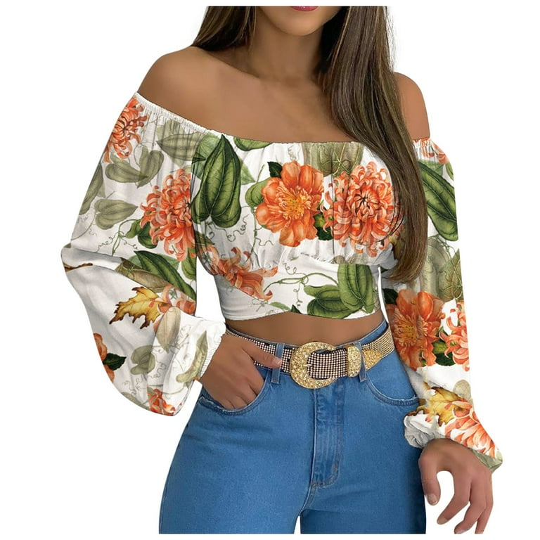 Woman's Strapless Long Sleeve Print Off Shoulder Ruched Lantern