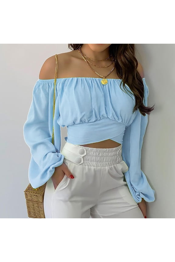 Woman's Strapless Long SleeveSolid Color Off Shoulder Ruched Lantern Sleeve Crop Tops Silk Button Up Red Short Sleeve Crop Top Plus Size Christmas Tops Gypsy Shirt