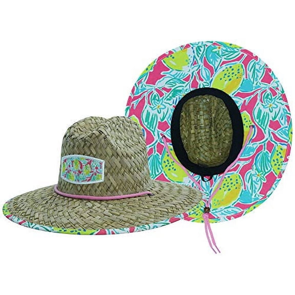 Woman's Sun Hat, Lemon's Straw Hat with Fabric Pattern Print Lifeguard Hat, Beach, Ocean, Pool, Walking, and Outdoor, Summer Hat, Fits All, Malabar Hat Co