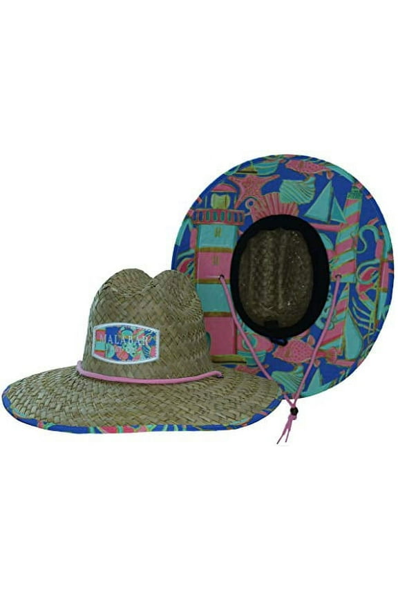 Woman's Sun Hat, Light House Straw Hat with Fabric Pattern Print Lifeguard Hat, Beach, Ocean, Pool, Walking, and Outdoor, Summer Hat, Fits All, Malabar Hat Co